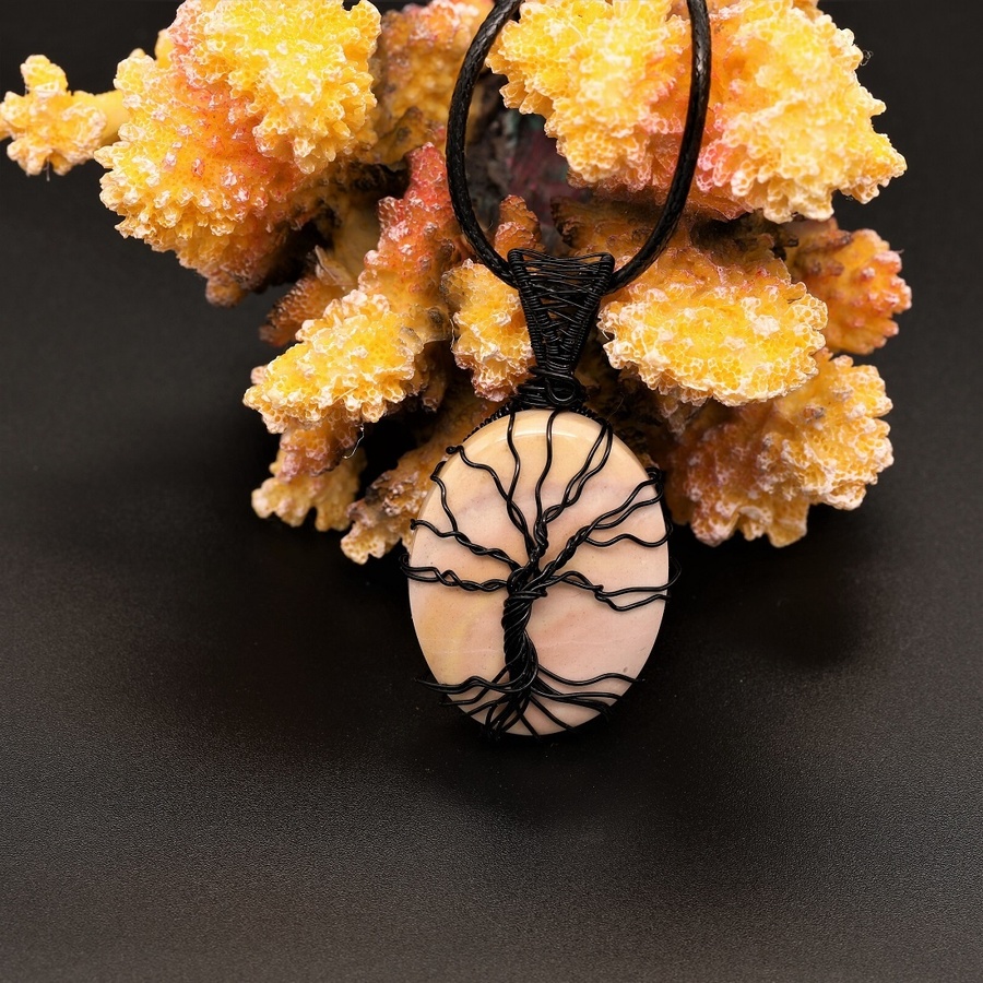 Pink Binthalya Opal Pendant with Tree of Life wire wrap.